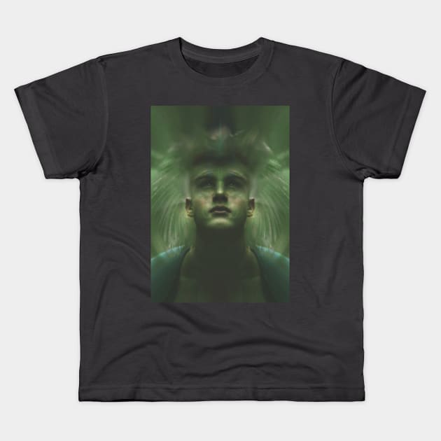 Portrait, digital collage, special processing. Dark, strong. Guy face looking up high. Fantasy. Green, energy flows. Kids T-Shirt by 234TeeUser234